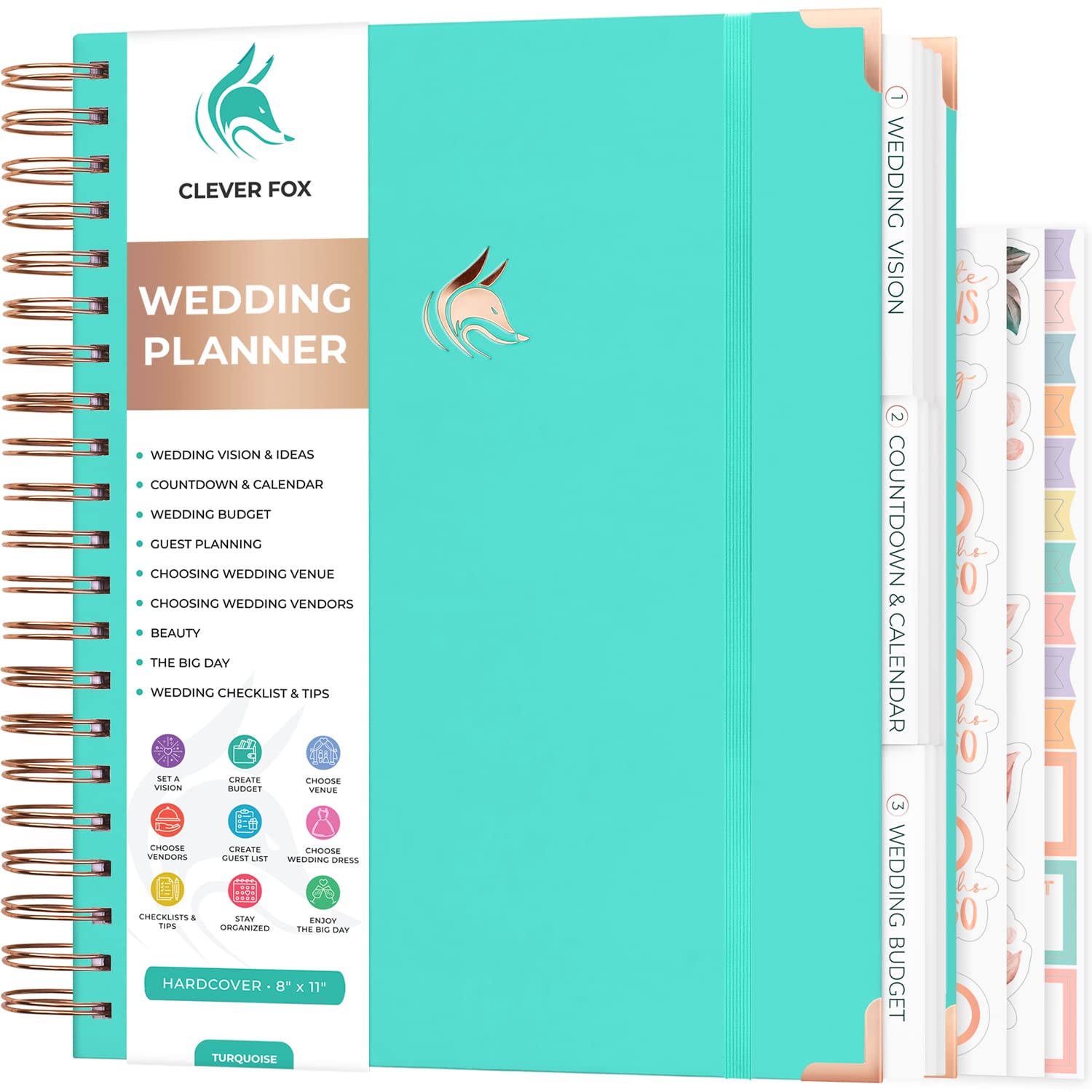 Clever Fox Wedding Planner – Notebook Organizer for Bride – Wedding Planning Binder Book with Pockets – Engagements Gift, 25.5x28cm (Turquoise)