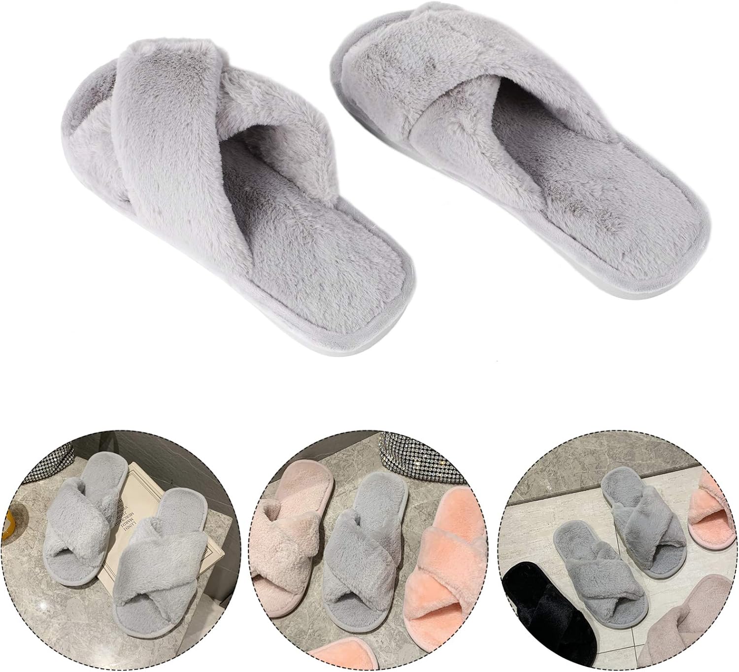 SOIMISS Winter Plush Cross Slipper Coral Fleece Furry Fluffy Open Toe House Shoes for Women Indoor Comfy Slip On Footwear Supply(Grey) - Image 5
