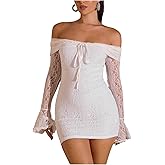 MakeMeChic Women's White Lace Dress Off The Shoulder Long Sleeve Bodycon Mini Dresses Valentines Day Outfit