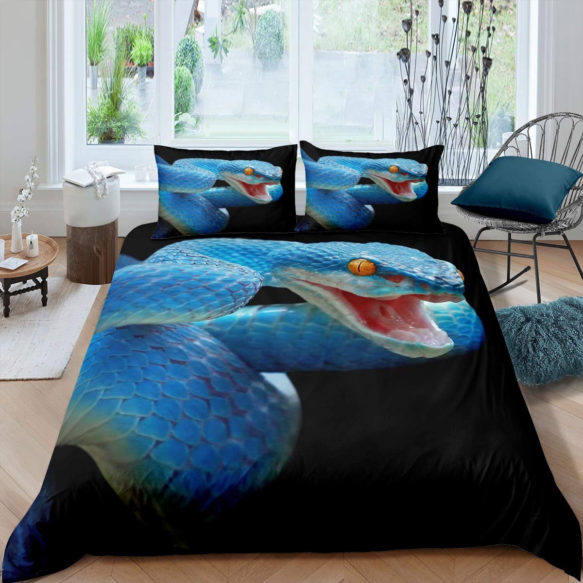 3D Snake Comforter Cover Set for Kids Boys Teens Green Snake Duvet Cover 3D Reptile Print Bedding Set Wild Animal Quilt Cover,Room Decor 3Pcs BeddingKing Size