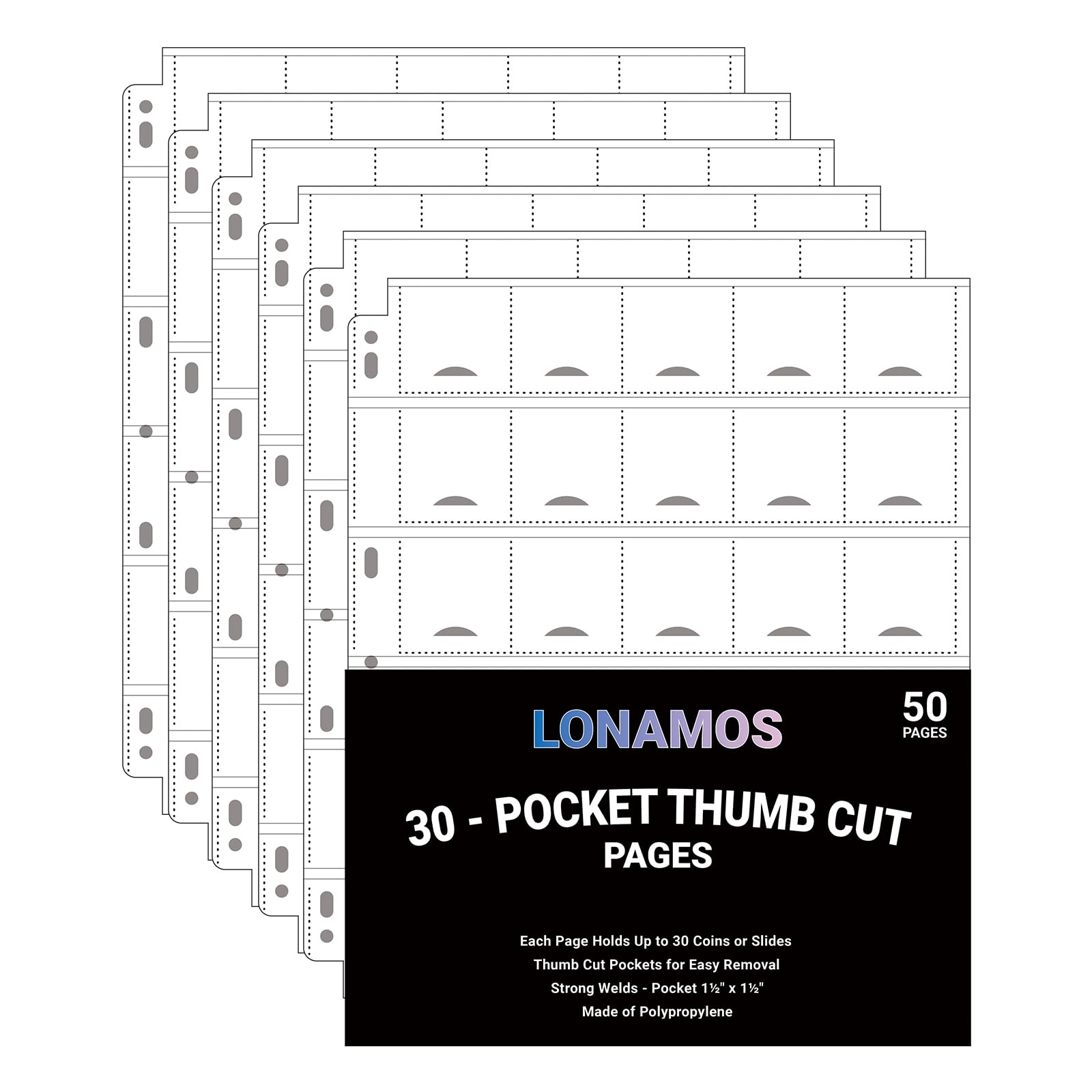 Photo 1 of 50-Sheets 30-Pocket Thumb-Cut Coin Pages - Coin Pocket Pages for 1.5 x 1.5 Inch Cardboard Coin Holder, Collecting Sleeves for Coin Flips, 1500 Pockets for Coin Binder, Coin Collection Storage Supplies