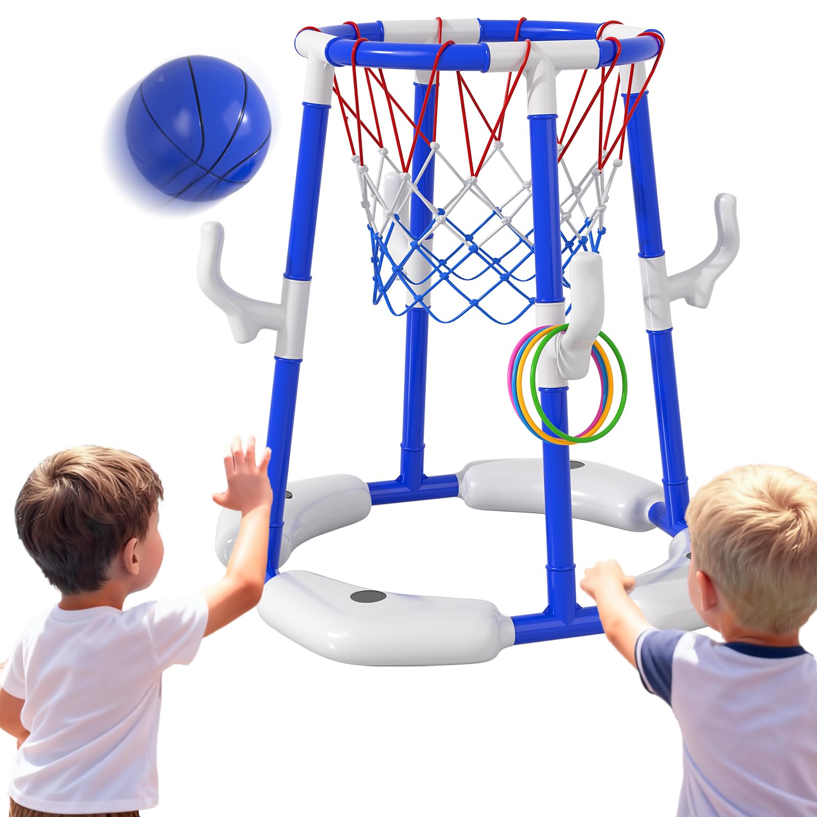 BLmukce Pool Basketball Hoop for Kids 4-8 & 8-12 Years Old - 2-in-1 Floating & Above Ground Water Game with 4 Balls, 12 Rings & Pump, Outdoor Play Swimming Pool Toy for Adult Summer Party