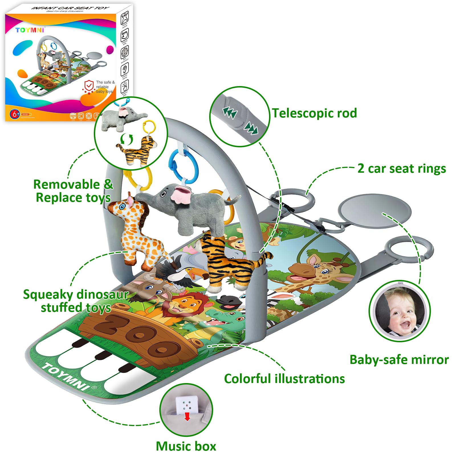 Car Seat Toys for 6-12 Months - Musical Pedal Piano with Baby Mirror, Squeaky Sensory Soft Animal Toys for Rear Facing Carseats
