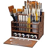 OPHIR Paint Brush Holder, 101 Holes Brush Holder, Wooden Pencils Holder with Mini Acrylic Paint Palette and Brush Cleaner Cup