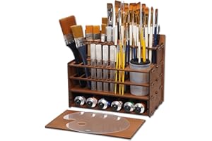 OPHIR Support pour pinceaux de peinture, 101 trous, porte-crayons en bois avec mini palette de peinture acrylique et tasse de
