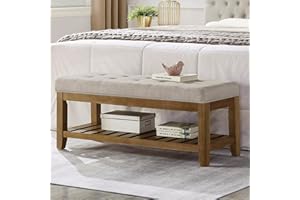 24KF Large Rectangular Upholstered Tufted Linen Fabric Ottoman Bench, Padded Bench with Solid Wood Shelf-Linen