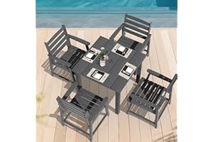 LOUNZY 5-Piece HDPE Patio Dining Set - Outdoor Square Table with 2" Hole Cut-Out & 4 Chairs,Gray