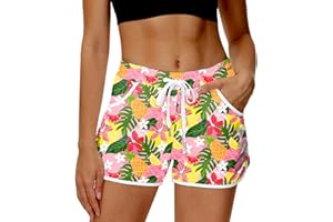 Deerose Women Summer Board Shorts Hawaiian Tropical Print Beach Swim Shorts with Pockets
