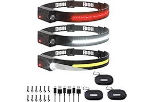 COSOOS LED Headlamp Rechargeable 3PCS with Cases, White & Red Light, Motion Sensor, Hardhat Clips, 230° Wide Beam Head Lamp for Adults, Head Light Flashlight for Hiking Camping Accessories