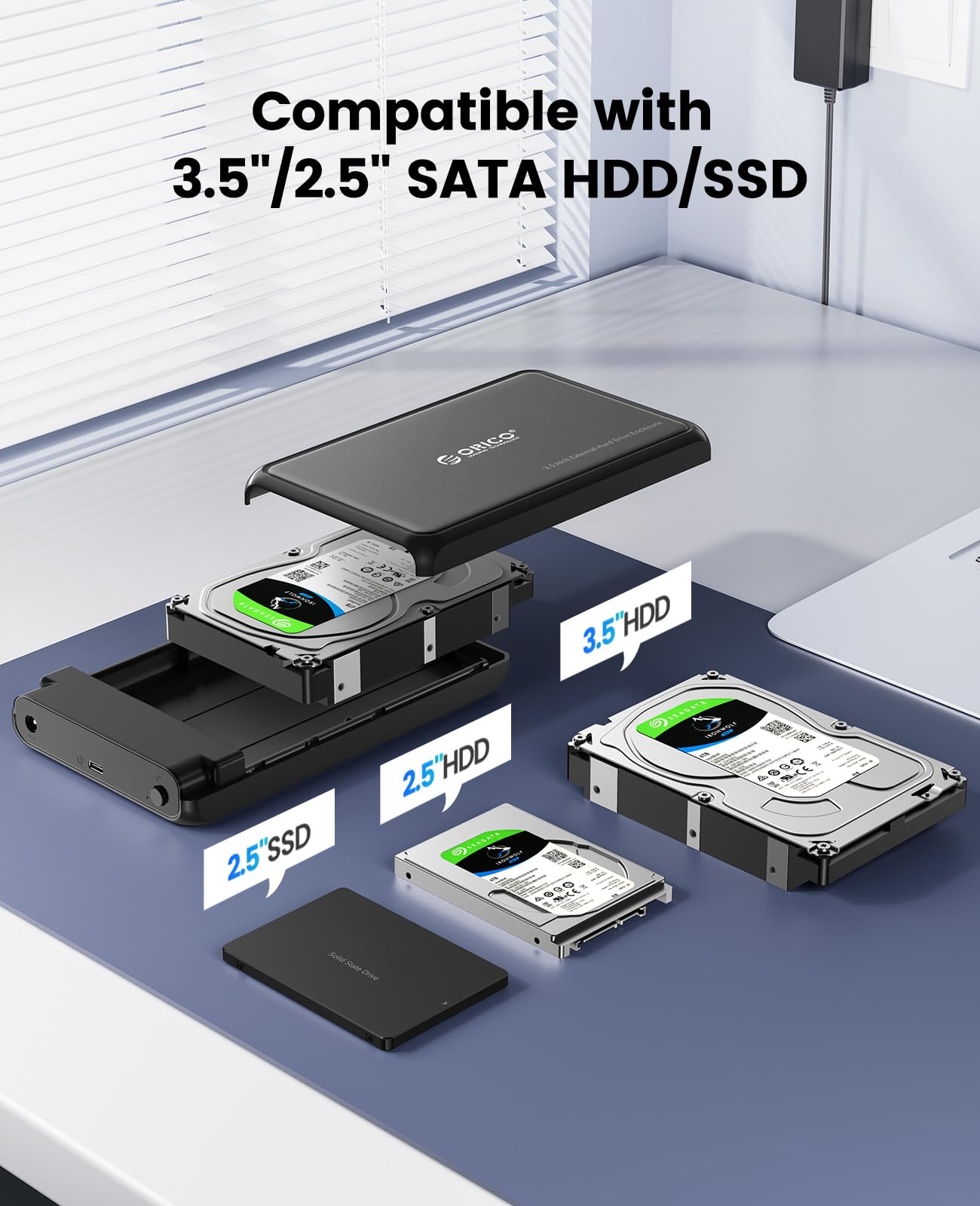 ORICO Festplattengehäuse 3.5 Zoll USB C 5Gbps Externes HDD Gehäuse für 2,5"/ 3,5" SATA HDD und SSD Maximal 20 TB, Unterstützt UASP, 12 V/2A Netzteil ABS (DDL35C3-Schwarz) 8