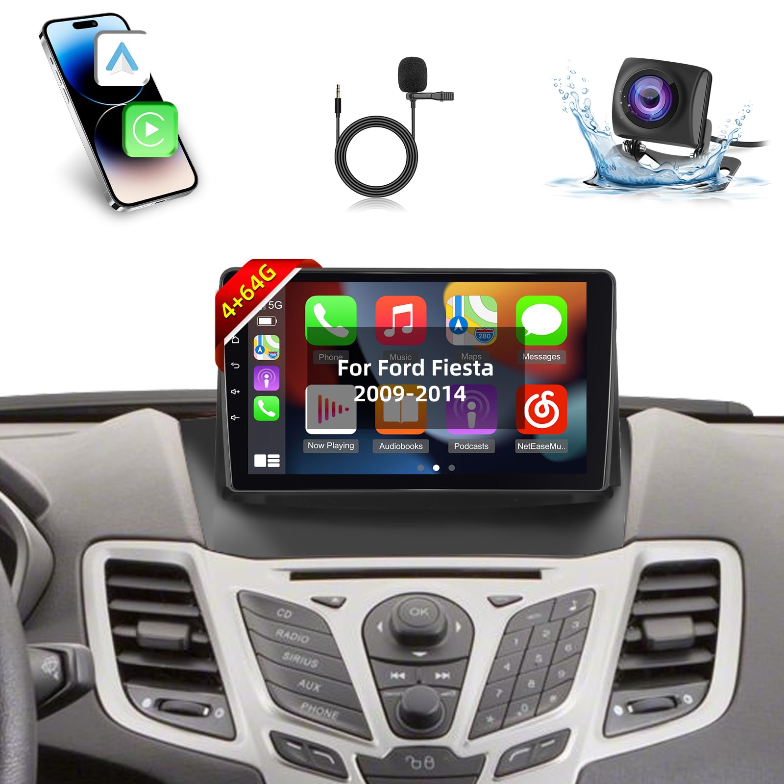Photo 1 of EKAT Android Car Stereo for Ford Fiesta 2009-2014 - 9 Inch [4+64G] HD Touchscreen Radio with Wireless Carplay & Android Auto - 32 EQ/WiFi/GPS/SWC + AHD Rear View Camera