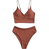 ZAFUL Women Tankini Set, Ribbed High Cut Surplice Swimsuit Bathing Suit with Spaghetti Straps