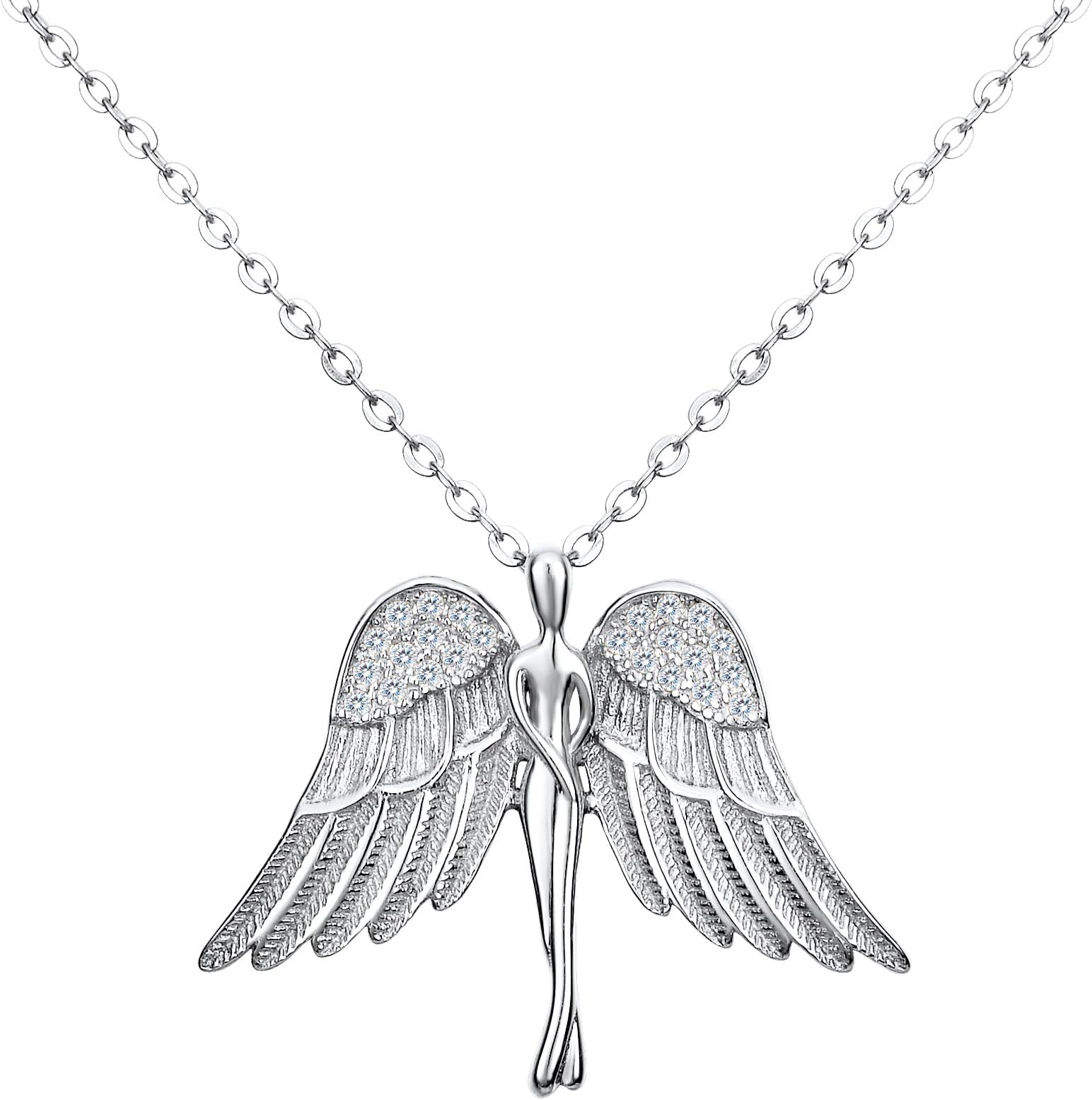 Women's 925 Sterling Silver Zircon Daily Elegant Guardian Angel Pendant Necklace Clear