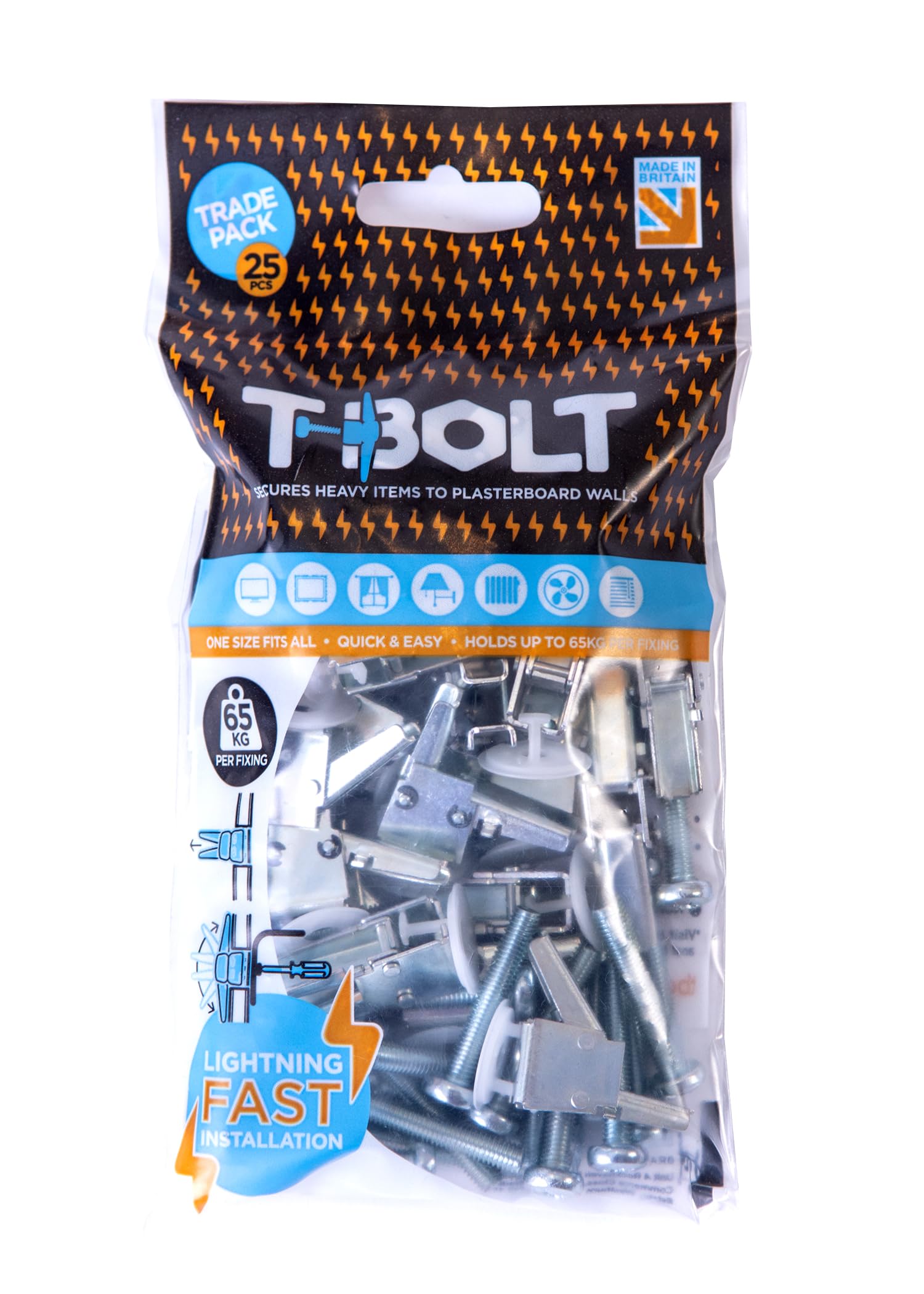 T-Bolt Heavy Duty Metal Plasterboard Fixing - Trade Bag of 25 - Holds up to 65kg per Fixing! [Plasterboard] [Drywall] [Cavity Wall] [Heavy Duty] [Drill]