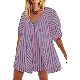 ebossy Womens Summer Casual Striped Rompers Puff Sleeve Wide Leg Shorts Jumpsuit Loose Fit Vacation Outfits