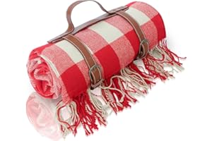 Powermach 59”x 79”Faux Wool Boho Tassels Plaid Solid,Waterproof,Moisture Resistant Padded Picnic Blankets,Camping,Park,Beach,Music Arts Festival Outdoor Blankets