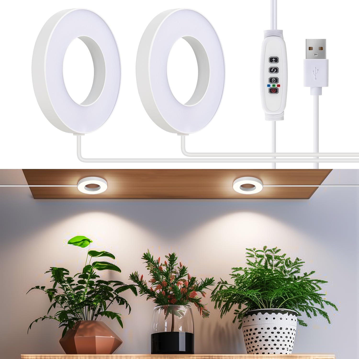 SIYOMG Ceiling Grow Lights for Indoor Plants, 96 LEDs Full Spectrum Halo LED Plant Light, with 3/9/12H Auto Timer Switch, 3 Light Modes,10 Dimming, Plant Lights for Small Plants, 2 Head