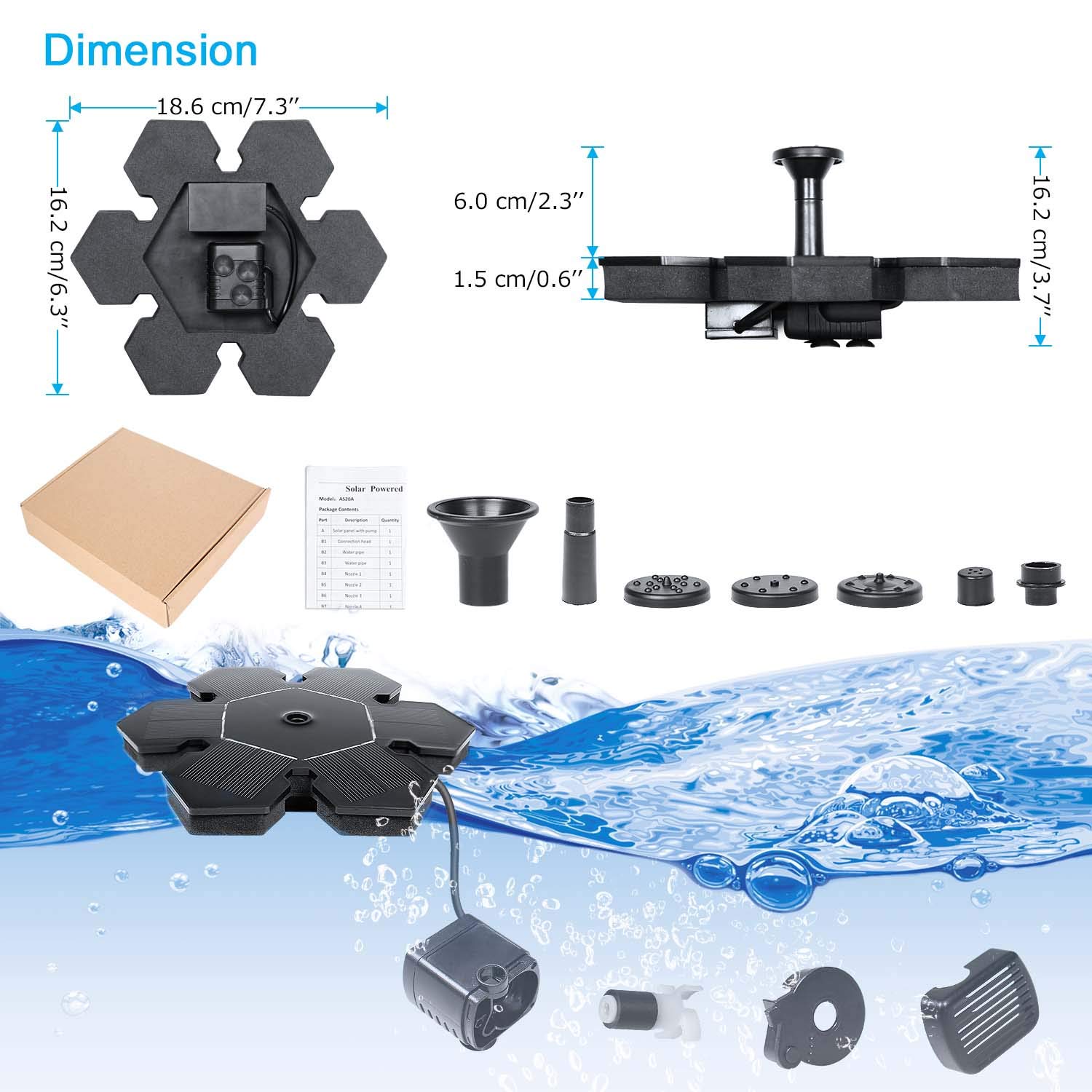 ROADTEC Solar Fountain Pump, Floating Solar Birdbath Fountain, Outdoor Free Standing Submersible Solar Water Fountain Pump Kit for Pond, Pool, Fish Tank, Garden Decoration, 1.5W