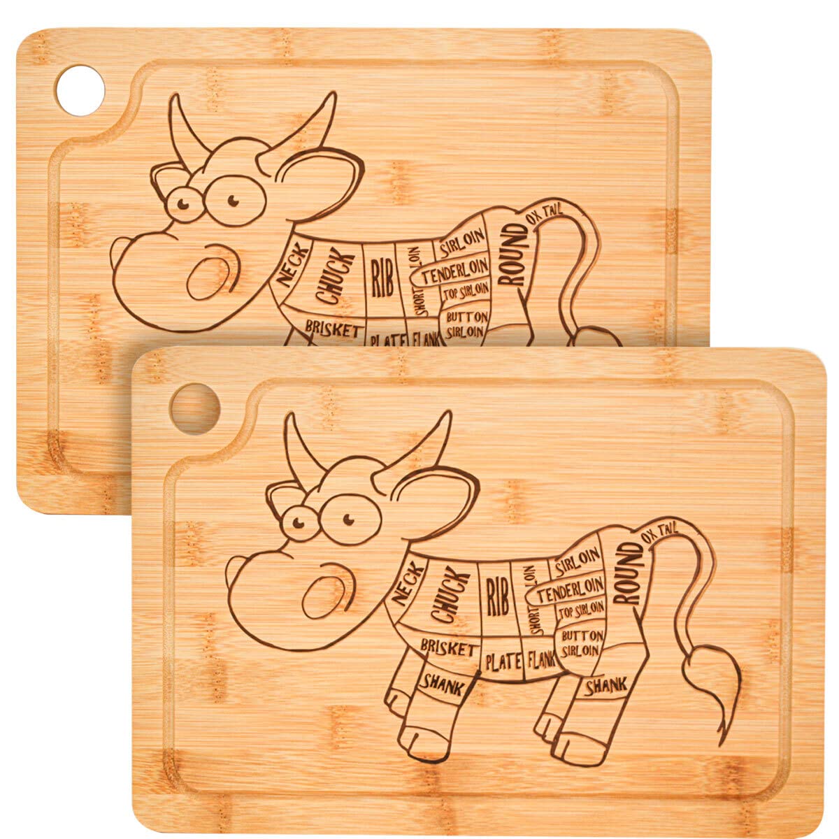 DuneDesign Set of 2 - Bamboo Kitchen Cutting Board - 13x9 in - Wooden Steak Plate with Juice Groove