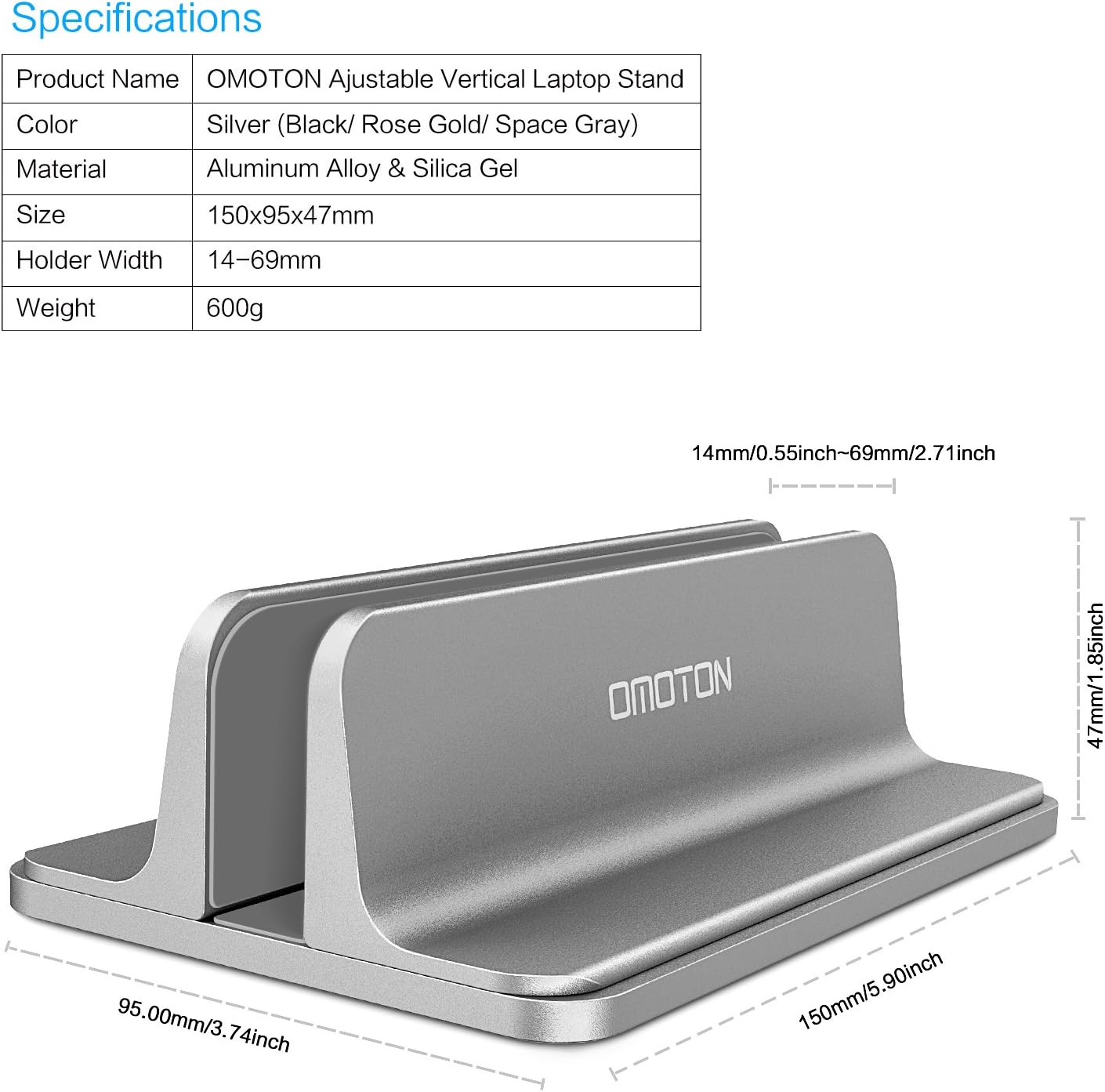 Vertical Laptop Stand [Adjustable Size], OMOTON Desktop Aluminum MacBook Stand with Adjustable Dock Size, Fits All MacBook, Surface, Chromebook and Gaming Laptops (Up to 17.3 inch), Gray: Office Products