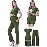QUNISY Maternity Nursing Pajamas Set 3PCS, Breastfeeding Tops, Adjustable Shorts & Pants, Postpartum Hospital Bag Essentials