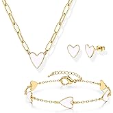 ORAZIO Jewelry Set for Women,Hypoallergenic 14K Gold Plated Pink/Black/Blue/White Heart Jewelry Set Trendy Heart Pendant Necklace Heart Charm Bracelet Cute Heart Earring Studs Dainty Women's Jewelry Sets Gift