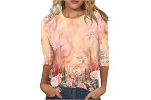 EKIYVO Womens 3/4 Sleeve Tops Solid Color Round Neck Shirts Loose Blouses Three Quarter Sleeve Tshirts