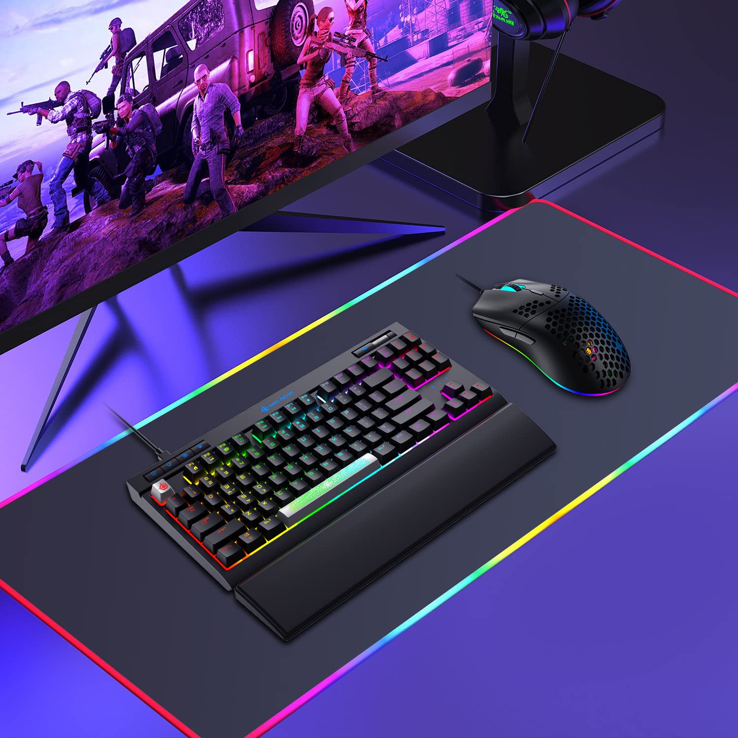 ZIYOU LANG Mechanical Gaming Keyboard,87 Keys Chroma RGB LED Backlit,Black Computer Keyboard,PU Wrist Rest,Multimedia Keys,Anti-ghosting Keys,Waterproof Light Up USB Wired Keyboard for PC Mac Xbox