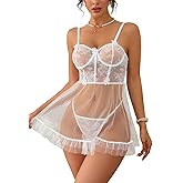 Donnalla Sexy Lingerie for Women Babydoll Dress with Underwire Push Up Sheer See Through Nightgown with Thong