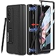 COCOING for Samsung Galaxy Z Fold 3 Case with Pen Holder,Hinged Cover Built-in with Pen Slot,with Screen Protector&Adjustable Bracket,Leather Cover Case for Galaxy Z Fold 3 (Carbon Fiber)