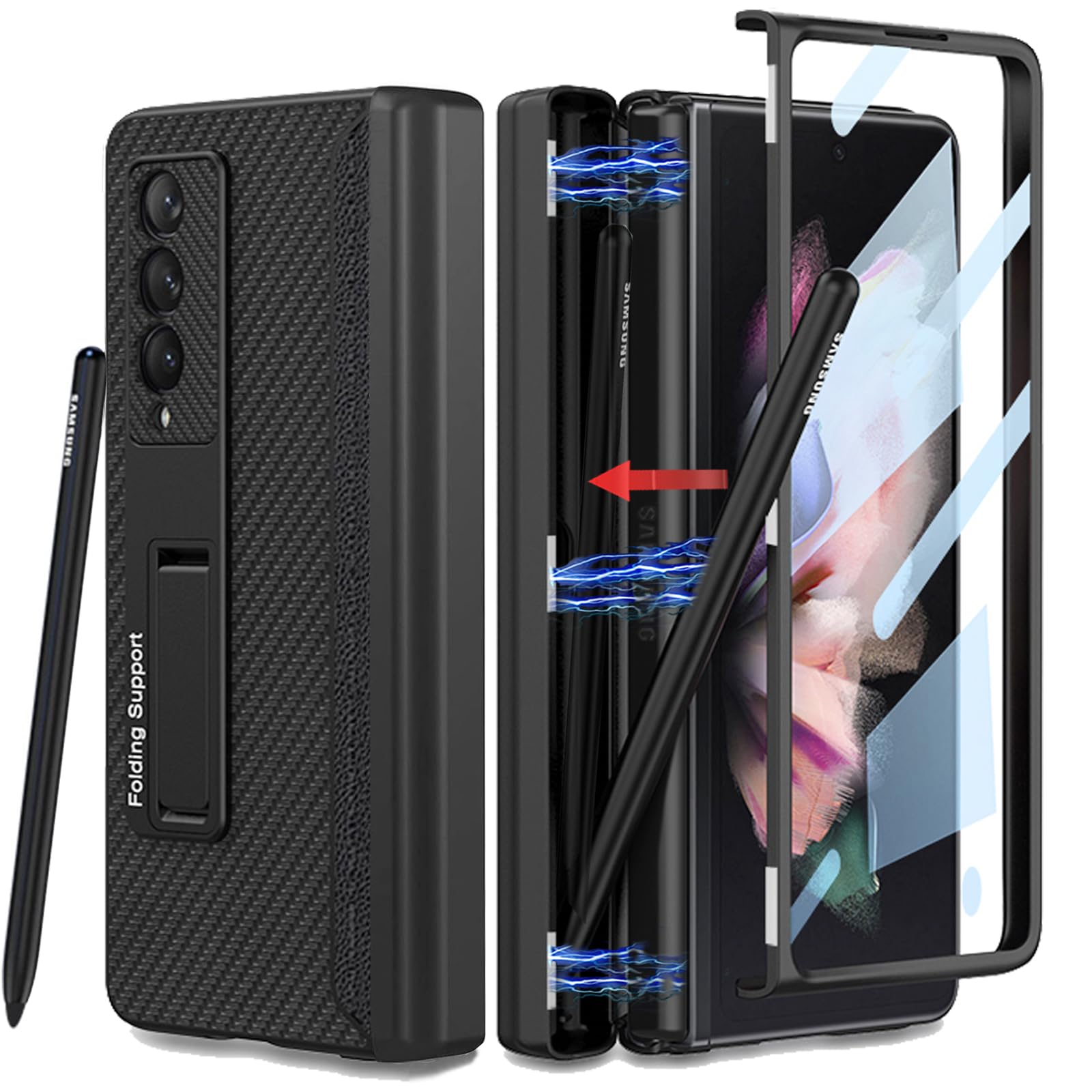 Photo 1 of COCOING for Samsung Galaxy Z Fold 3 Case with Pen Holder,Hinged Cover Built-in with Pen Slot,with Screen Protector&Adjustable Bracket,Leather Cover Case for Galaxy Z Fold 3 (Carbon Fiber)