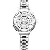 EUTOUR Watches for Women Analogue Quartz Metal, Shining Rhinestone Wrist Watch, Two Magnetized Balls Women's Chronograph Dress Watch with Stainless Steel Mesh Strap Sliver 36mm