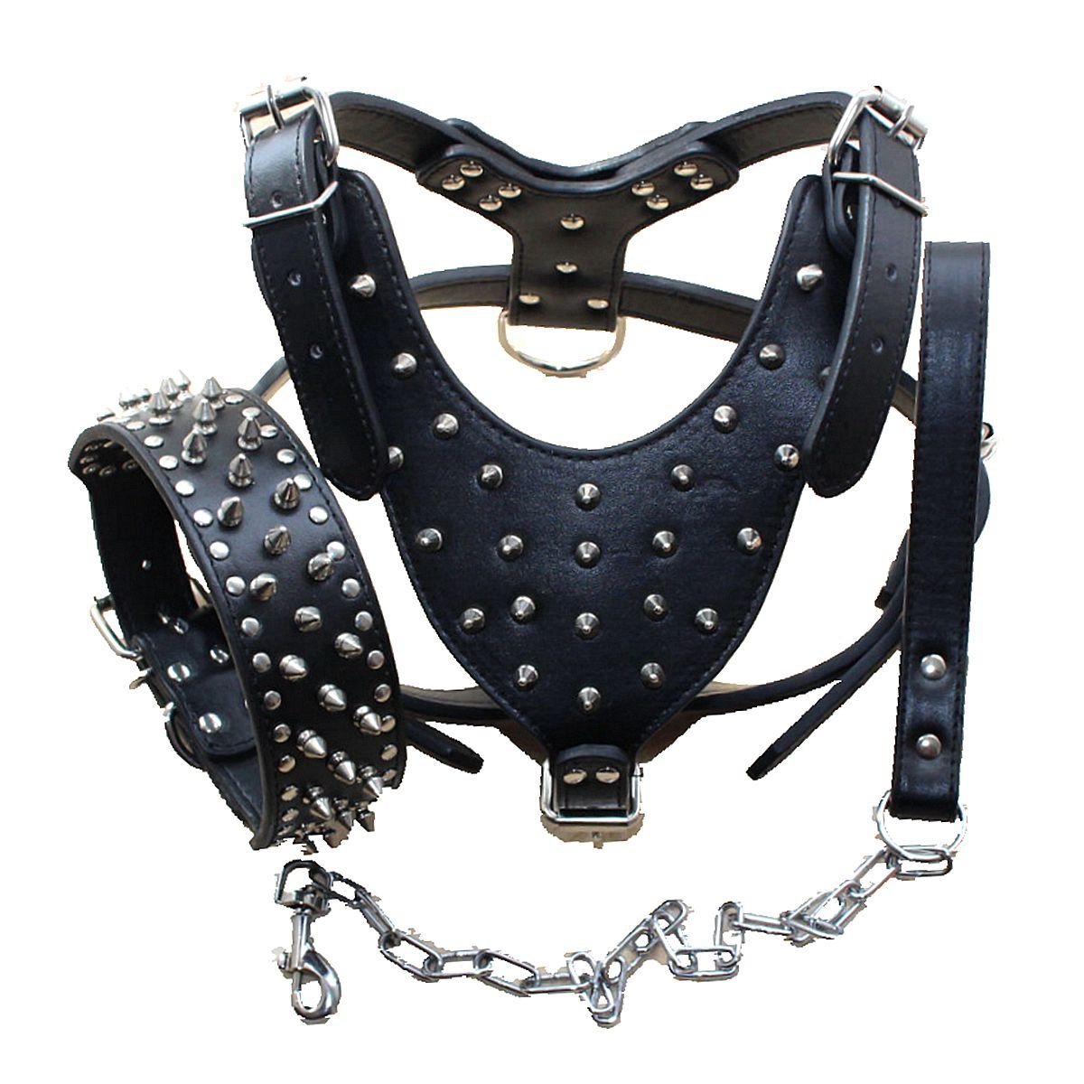 haoyueer Leather Spiked Studded Medium & Large Dog Collars, Harnesses & Chain Leashes 3Pcs Matching Set for Pit Bull,Mastiff, Boxer, Bull Terrier (L, Black)