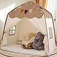 Extra Large Kids Play Tent with Flags & Star Lights, Portable & Foldable Teepee, Bed Tent Bed Canopy for Boys & Girls, Indoor Outdoor Dome Tent Playhouse, Kids Birthday Gift, 59x39x59 in,Brown