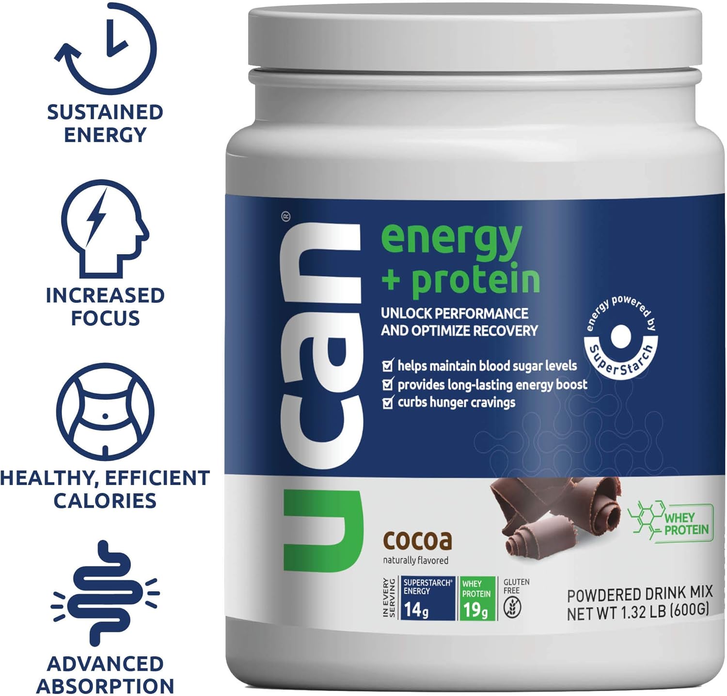 UCAN Energy + Protein Powder with SuperStarch - (Cocoa) - 20 Servings: Health & Personal Care