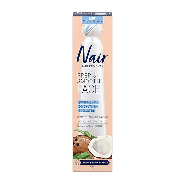 NAIR SENSITIVE FORMULA PREP & SMOOTH FACE HAIR REMOVER, SOOTHING WITH COCONUT MILK & COLLAGEN, REMOVES FACIAL HAIR & FUZZ, SMOOTHS & EXFOLIATES, DERMATOLOGIST TESTED, 1.76 OZ (PACK OF 2)