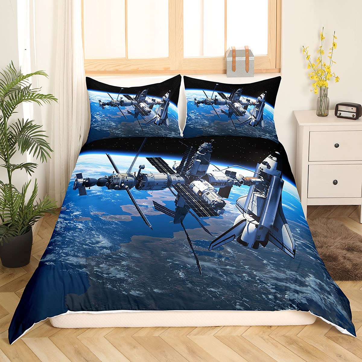 Outer Space Duvet Cover Set,Space Shuttle Station View Bedding Set for Boys Teens Child Kids Cosmonaut Adventure Print Comforter Cover Set Blue Grey Decor 3 Pcs Duvet Cover Double Size