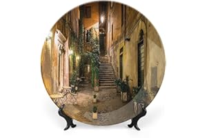 XISUNYA 8 Inch Decorative Plate,Italian Decor Ceramic Plate, Old Courtyard in Rome Italy Cafe Chairs City Print Ornament Display Plate Handmade Plate Wedding Christmas Thankgiving Gifts
