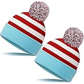 Tivi Tovo 2 Pack Red White and Blue Striped Bobble Hats Knitted Beanies with Pom Pom Stretchy Winter Hats for Themed Parties Costumes