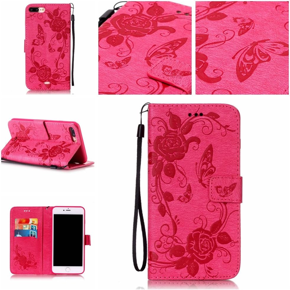 Ooboom® iPhone 8 Plus/iPhone 7 Plus Case PU Leather Wallet Stand Emboss Butterfly Flower Flip Cover with Card Slots Magnetic Closure Wrist Strap for iPhone 8 Plus/iPhone 7 Plus - Hot Pink