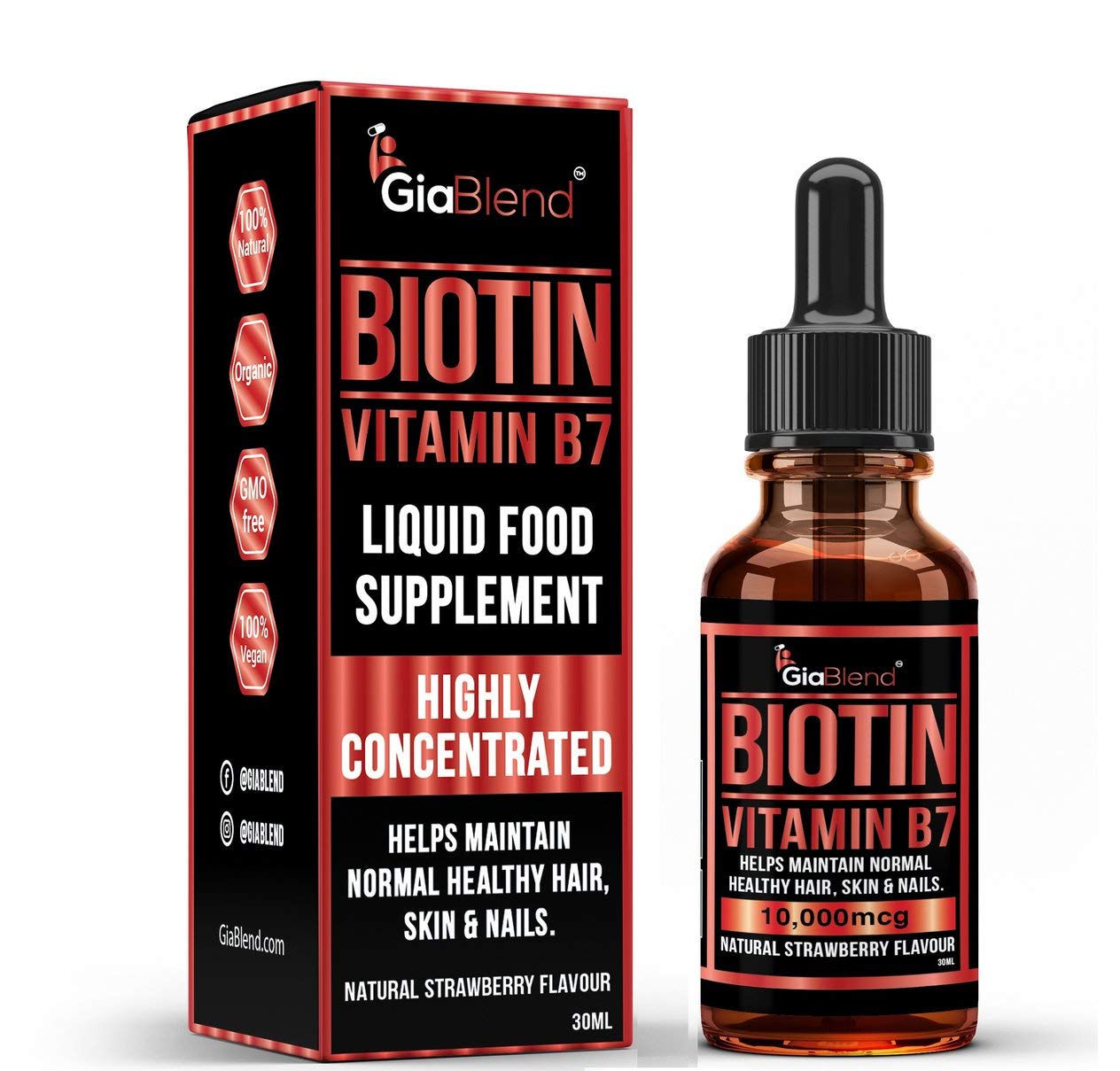 GiaBlend Liquid Biotin Vitamin B7 Liquid Drops Super Strength 10,000mcg Longer & Thicker Hair, Strong Nails and Glowing Skin. Vegan & Gluten Free.