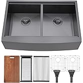 VCCUCINE 33 Inch Gunmetal Black Double Farmhouse Sink, 33X22 Double Bowl Farmhouse Kitchen Sink, 16 Gauge 50/50 Stainless Ste