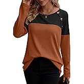 Zeagoo Women Waffle Knit Shirts Long Sleeve Colorblock Tee Button Detail Tunics