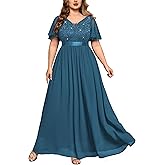 MISSMAY Women's Plus Size Sequin Lace V Neck Formal Wedding Guest Chiffon Maxi Dress