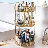 Zufudo Rotating Makeup Organizer Countertop 3 Tier Lazy Susan Trays Clear Skincare Perfume Storage for Bathroom Counter Vanity, Amber Gold