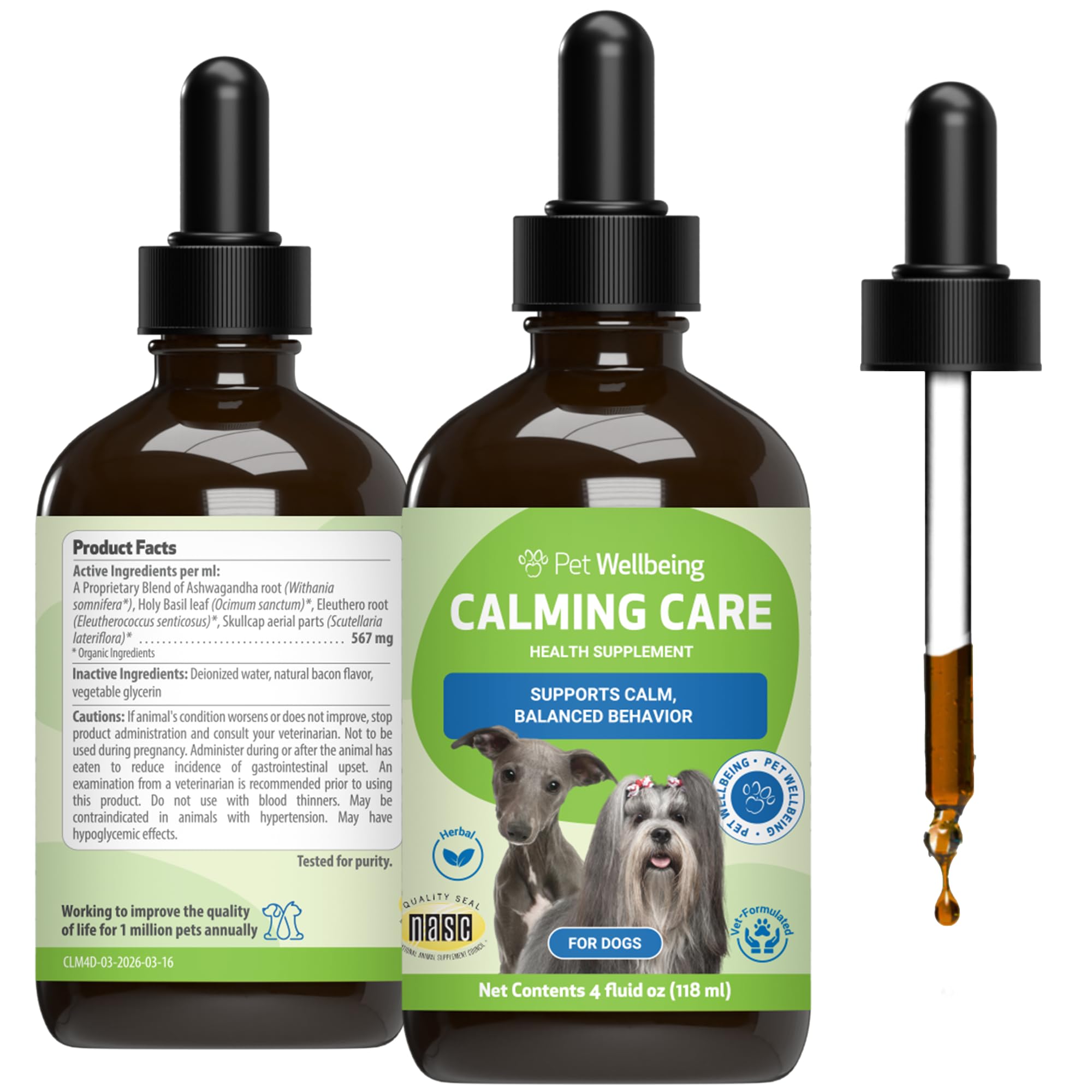 Pet Wellbeing Calming Care for Dogs - Veterinarian-Formulated - Calm Support, Relaxed Nervous System, Emotional Balance, Adaptogens, Ashwagandha, Holy Basil - Herbal Supplement 4 oz (118 ml)