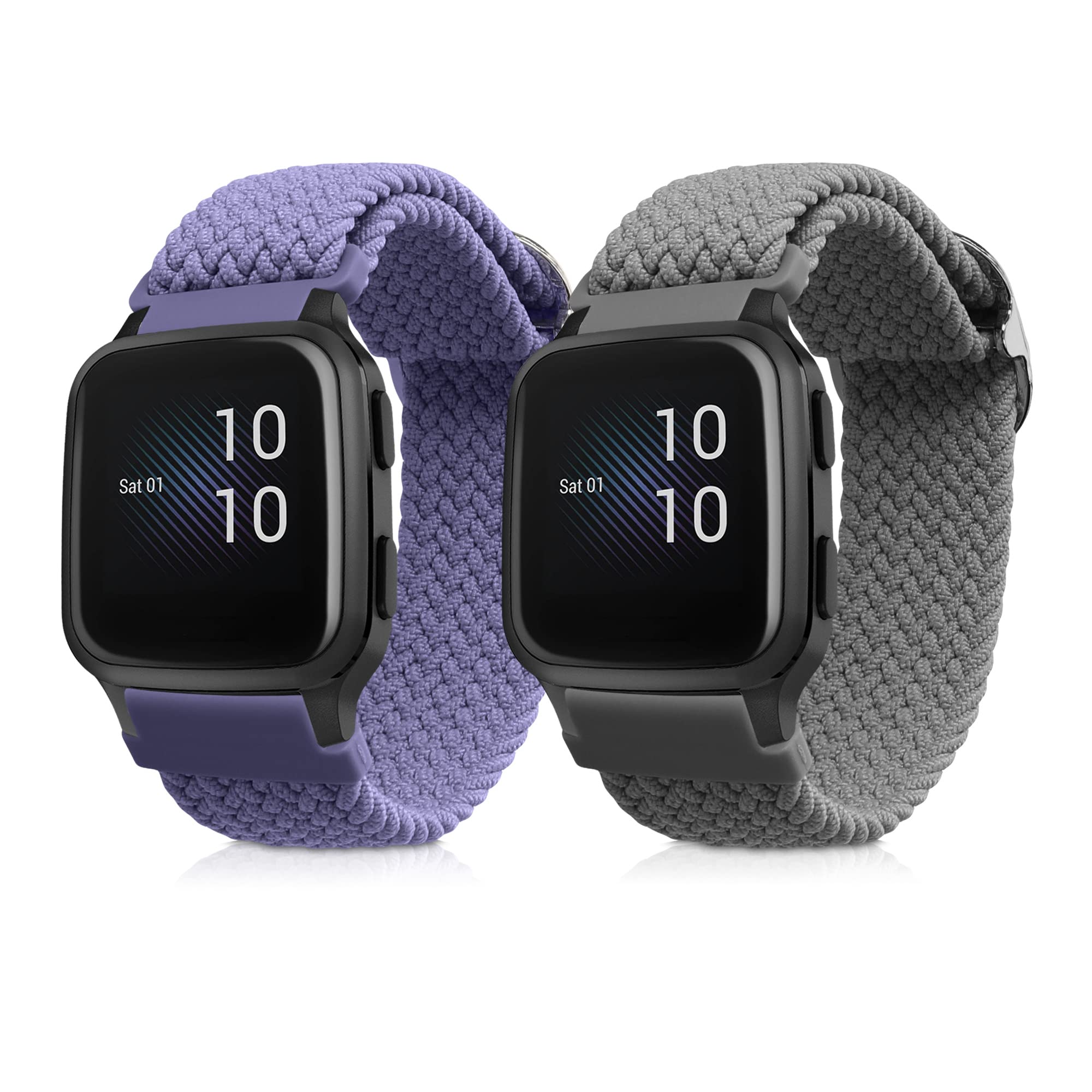 kwmobile 2x Nylon Strap for Garmin Venu Sq Music/Sq Watch Strap - Replacement Watch Band Set - Wristband with Clasp - Grey/Lavender
