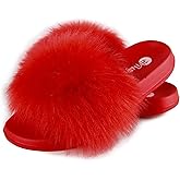 HIPRETTYUS Women's Faux Fur Slides, Open Toe Cute Fur Slippers, Indoor or Outdoor Comfortable Furry Slide Sandals With Fluffy Fur