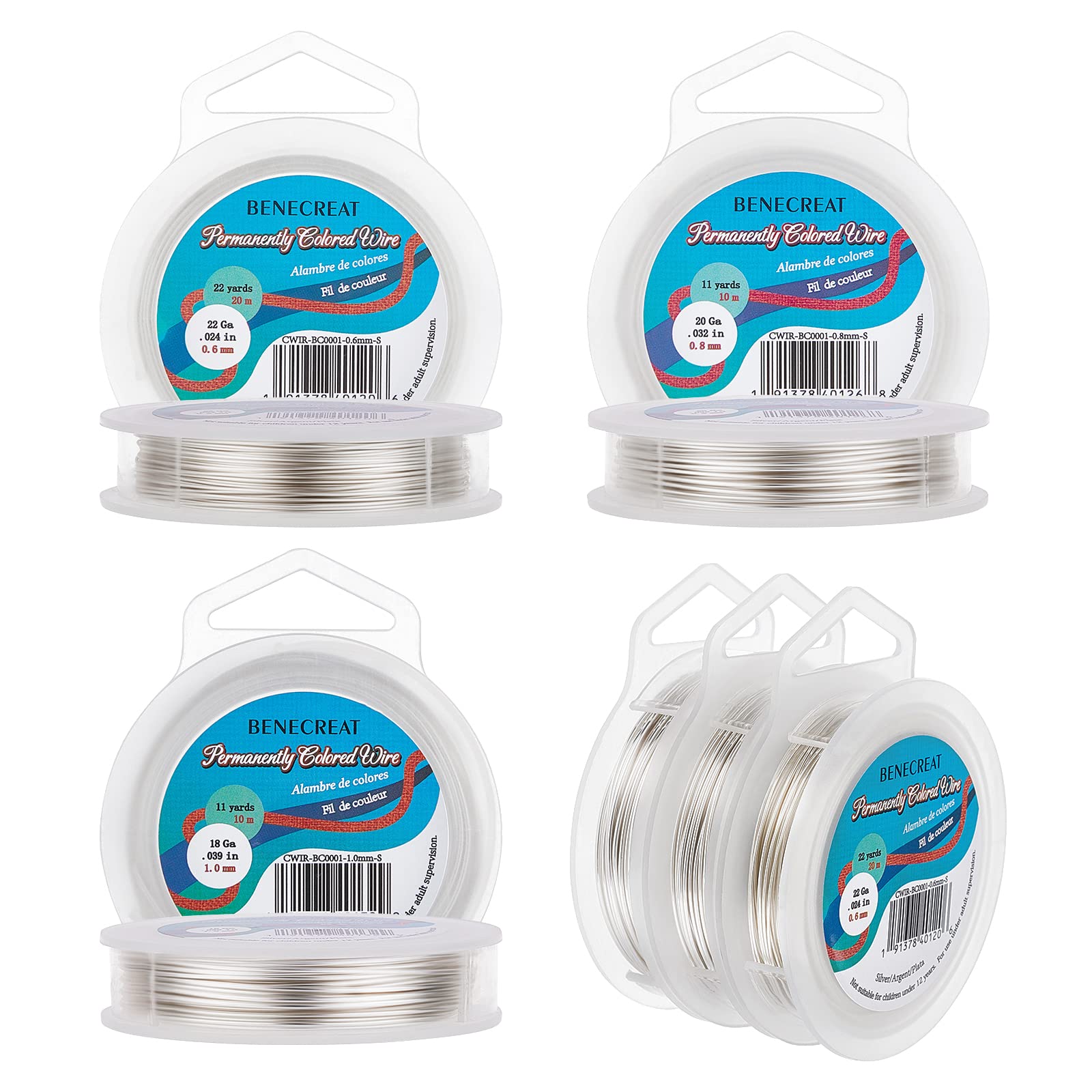 BENECREAT 3 Rolls 18Gauge/20Gauge/22Gauge (1mm/0.8mm/0.6mm) Tarnish Resistant Silver Coil Wire Jewelry Making Copper Wire, 10m/10m/20m