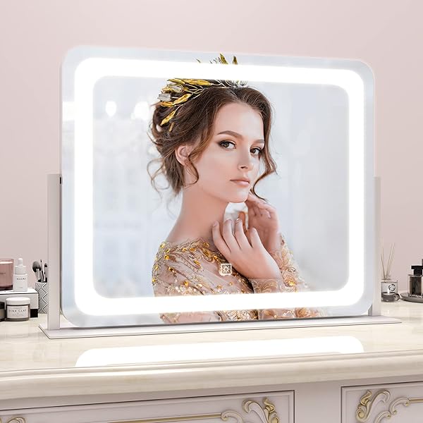 ROLOVE 22X17 INCH LIGHTED VANITY MIRROR WITH DIMMABLE LED LIGHTS – 3 COLOR MODES, SMART TOUCH CONTROL & 360° ROTATING BASE – DESK MAKEUP MIRROR (WHITE)